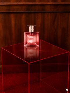Sur une table à dés rouge translucide devant un fond lambrissé de bois se trouve un flacon de parfum rose.