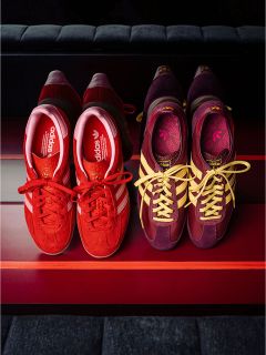 Deux paires de baskets Adidas sur un banc : une paire rouge à rayures blanches, l'autre bordeaux et violette à rayures et lacets jaunes.