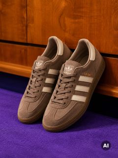 Une paire de baskets Adidas marron avec des rayures blanches et des détails beiges, posées sur un tapis violet devant une armoire en bois.