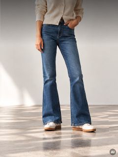Une personne portant un jean évasé bleu taille haute et des baskets blanches.