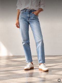 Une personne portant une chemise blanche, un jean bleu clair et des baskets blanches.