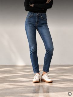 Une personne portant un jean skinny bleu foncé et des baskets blanches.