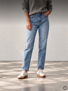 Une personne portant un pull gris, un jean droit bleu clair et des baskets blanches.