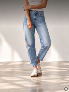 Une personne portant un jean taille haute bleu clair et des baskets blanches.
