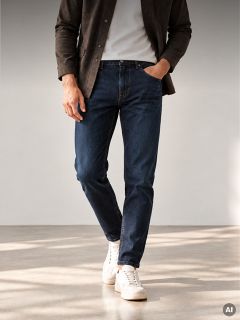 Une personne portant une chemise boutonnée marron, un t-shirt blanc, un jean bleu foncé et des baskets blanches.
