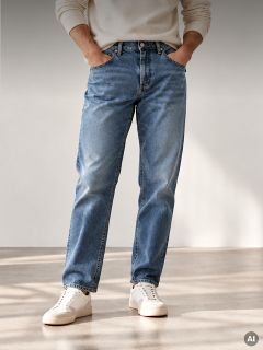 Une personne portant un pull crème, un jean bleu et des baskets blanches.