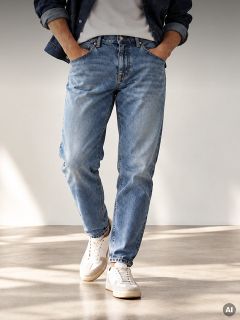 Une personne portant une veste en jean, un t-shirt blanc, un jean bleu et des baskets blanches, les mains dans les poches.