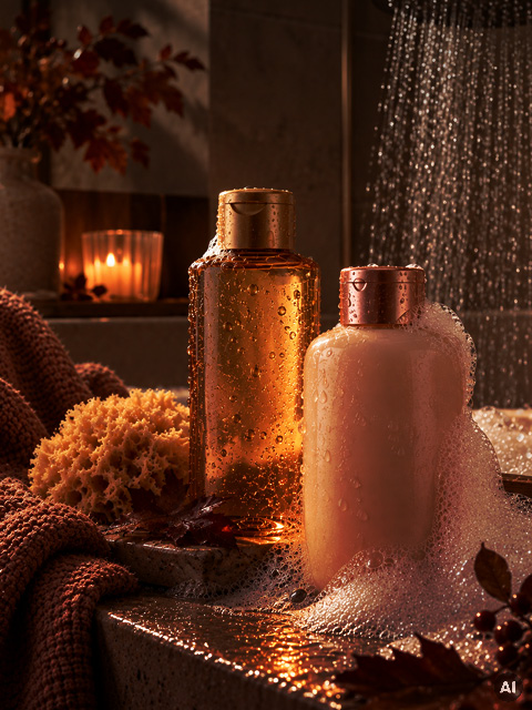 Deux bouteilles de produits de bain recouvertes de bulles de savon sont posées sur une surface en pierre sous une douche qui coule, à côté d'une éponge naturelle et d'une bougie allumée.