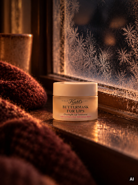 Un pot de « Buttermask for Lips » de Kiehl’s sur un rebord de fenêtre givré.