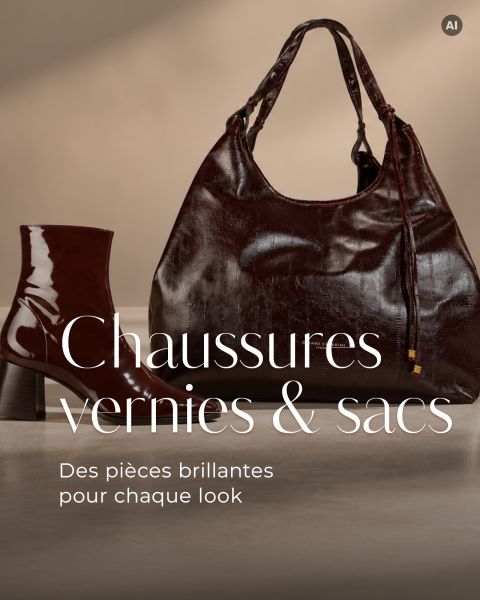 Un sac à main marron foncé brillant et des bottines assorties à côté du texte « Chaussures et sacs vernis. Des accessoires brillants pour chaque look. »