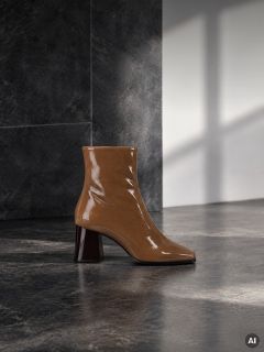 Une bottine marron en cuir verni à talon bloc.