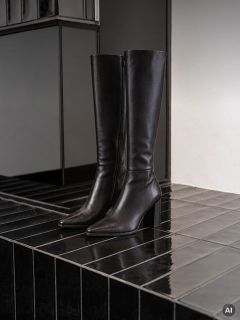 Une paire de bottes en cuir noires, hauteur genou, à talons blocs.