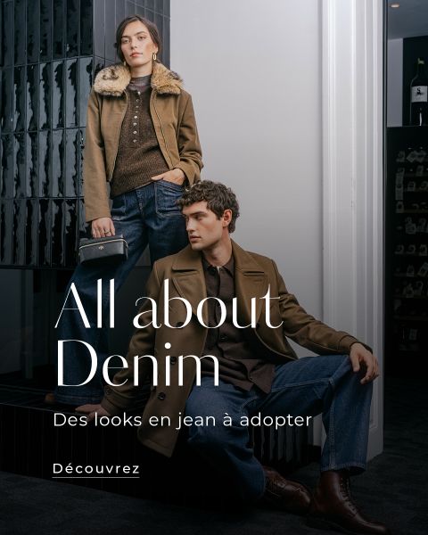 Un homme et une femme en vestes marron et jeans posent ensemble devant l'inscription « Tout sur le denim. Des looks jeans cools à reproduire. Découvrez-les. ».