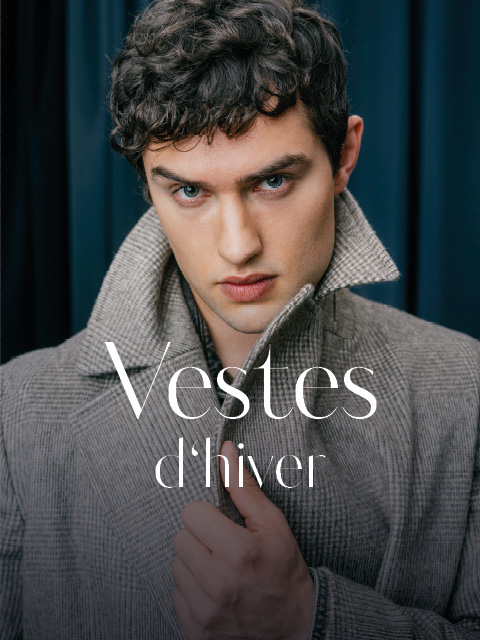 Un homme portant un manteau à motifs gris avec le texte "Vestes d'hiver" superposé sur son image.