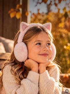 Une jeune fille souriante portant des cache-oreilles roses et moelleux avec des oreilles de chat.