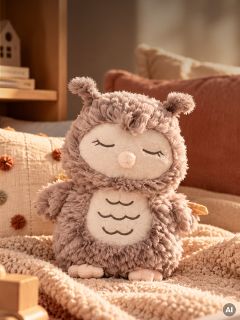 Une peluche moelleuse en forme de hibou aux yeux fermés, assise sur une couverture texturée.