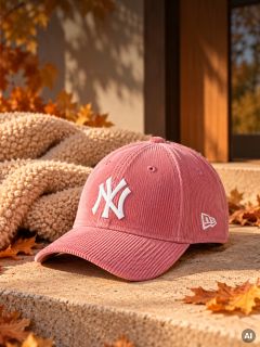 Une casquette de baseball rose des New York Yankees en velours côtelé, posée sur une marche en pierre avec des feuilles d'automne.