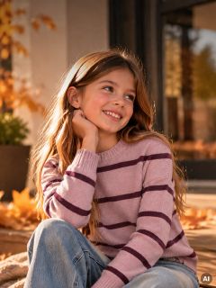 Une jeune fille aux longs cheveux, portant un pull rayé rose et violet, est assise dehors au milieu des feuilles d’automne et sourit.
