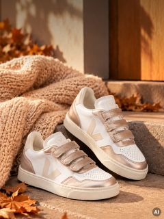 Deux baskets métalliques blanches et or rose avec trois fermetures velcro, posées sur un escalier en pierre à côté d'une couverture tricotée et de feuilles d'automne.