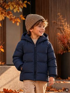 Un petit garçon portant un bonnet beige et une doudoune bleu marine à capuche sourit à l'extérieur en automne.