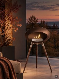 Un foyer au bioéthanol de la marque « Le Feu » sur un trépied avec une flamme allumée, installé sur un balcon au coucher du soleil.