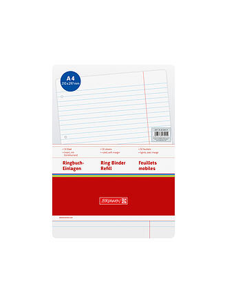 BRUNNEN VERLAG | Recharges pour classeur à anneaux - 50 feuilles lignées avec marge de correction