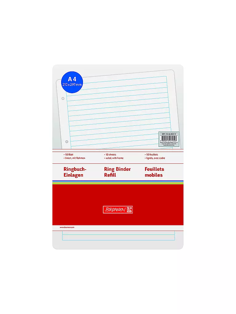 BRUNNEN VERLAG | Recharges pour classeur à anneaux, lignées, 50 feuilles avec cadre | Aucune couleur