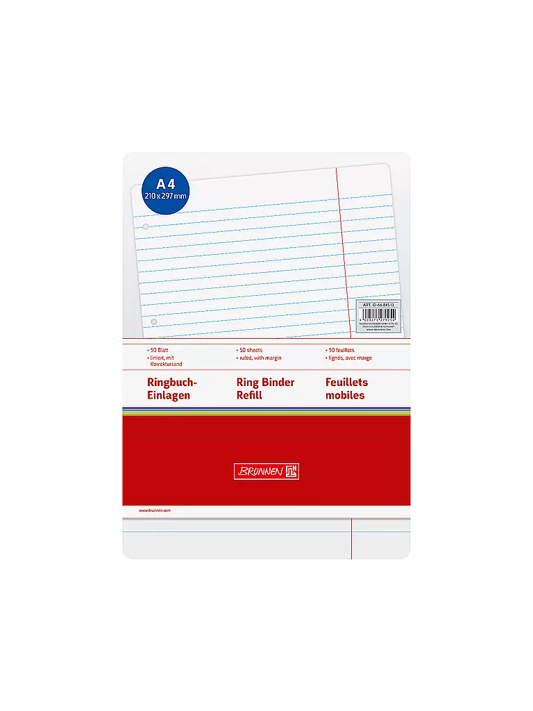 BRUNNEN VERLAG | Recharges pour classeur à anneaux - 50 feuilles lignées avec marge de correction | Aucune couleur