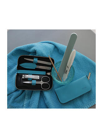 CANAL | Étui zippé en cuir refendu 4 pièces (Turquoise) 5381