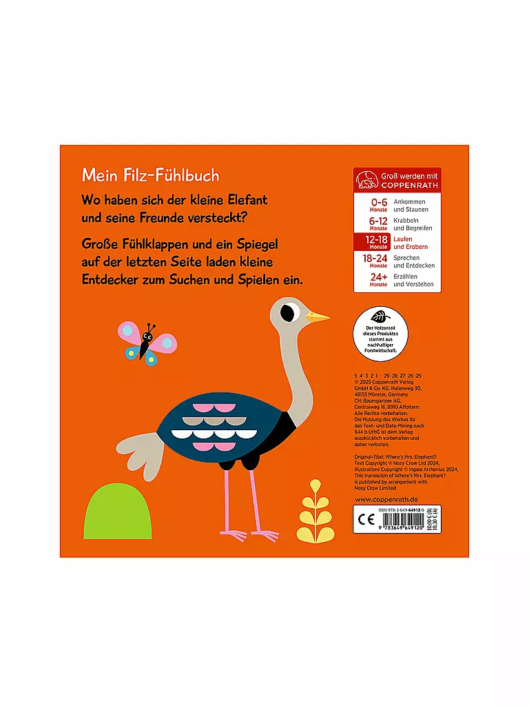 COPPENRATH VERLAG | Mon livre tactile en feutre : Coucou, petit éléphant ! | Aucune couleur