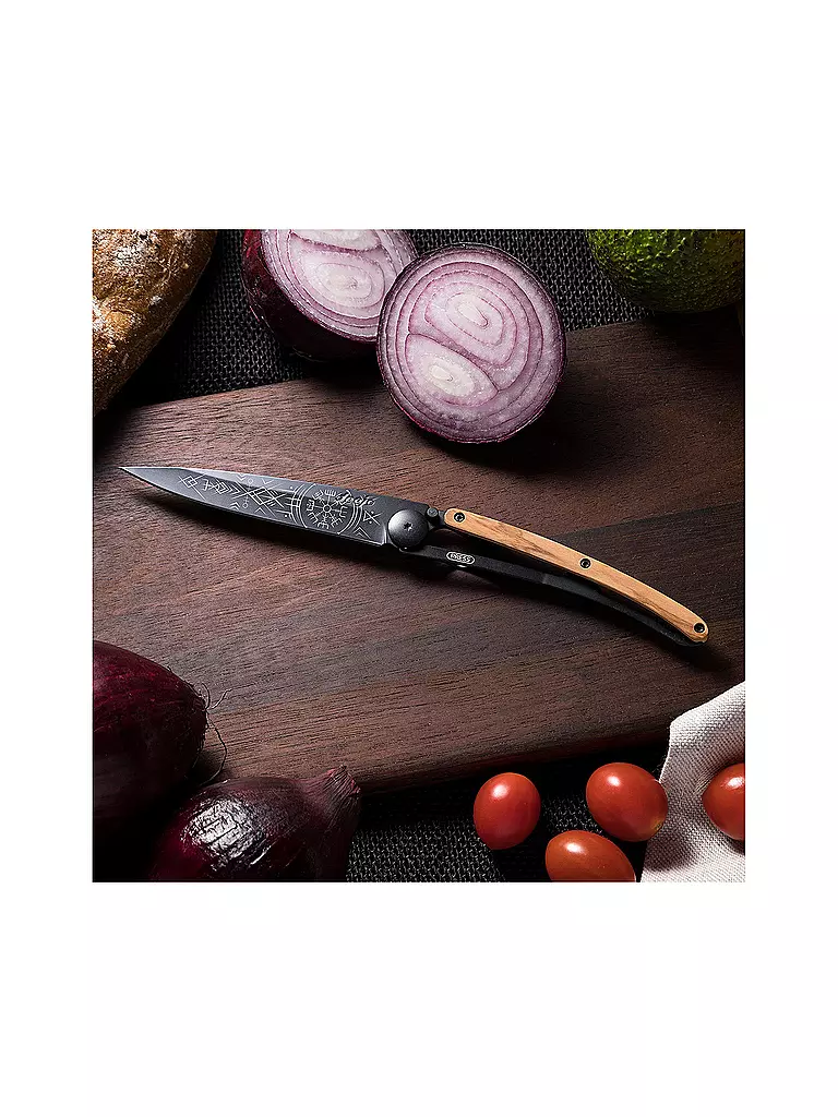 DEEJO | Couteau de poche Bois d'olivier Noir WIKINGER VEGVISIR 37G | schwarz