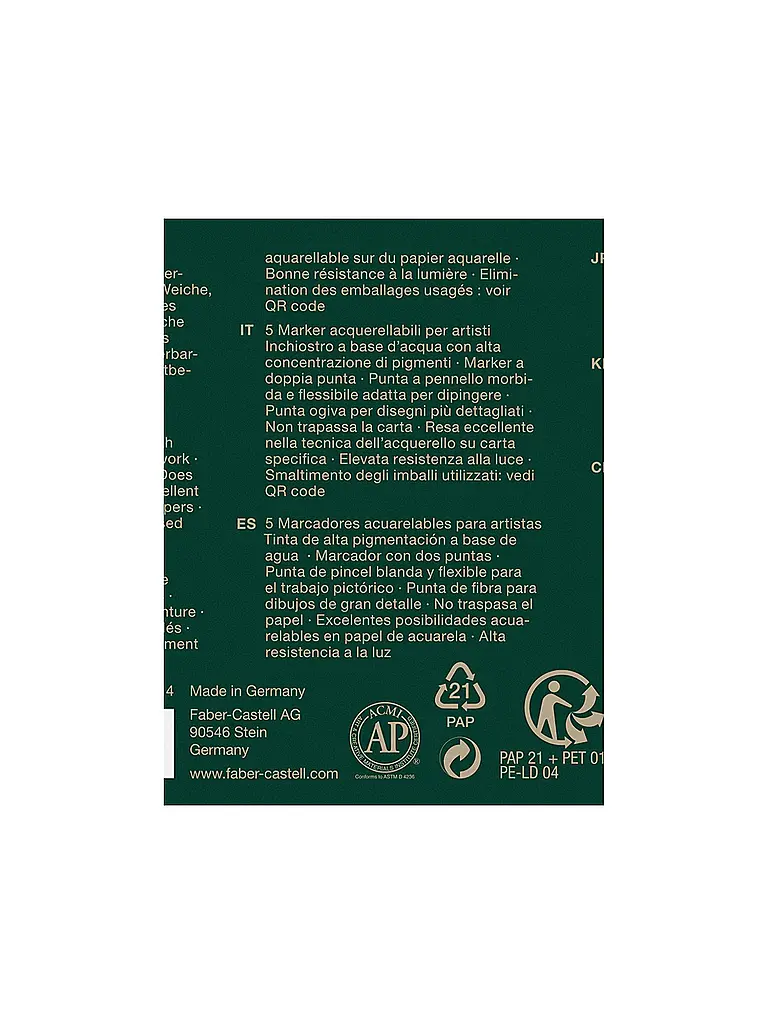FABER-CASTELL | Marqueur aquarelle Albrecht Dürer, étui de 5, Urban Sketching | Vert foncé