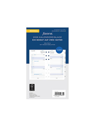 FILOFAX | Recharge d'agenda mensuelle Allemand Personal 2026