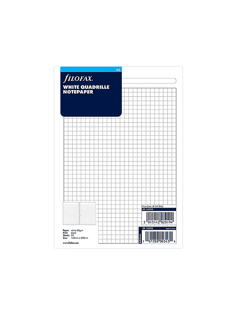FILOFAX | Papier à notes blanc quadrillé - A5 | Blanc
