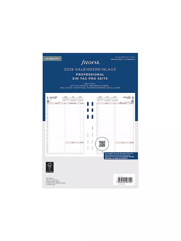 FILOFAX | Recharge d'agenda Jour Professional allemand A5 2026 | weiss