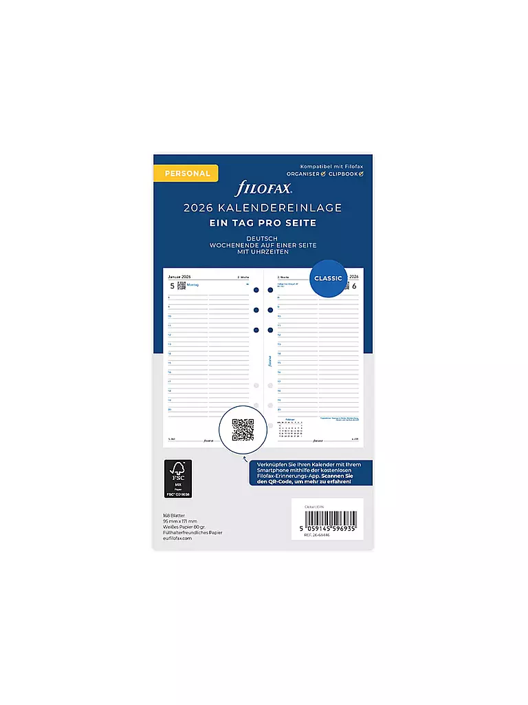 FILOFAX | Recharge d'agenda Journalier Allemand Personal 2026 | Blanc