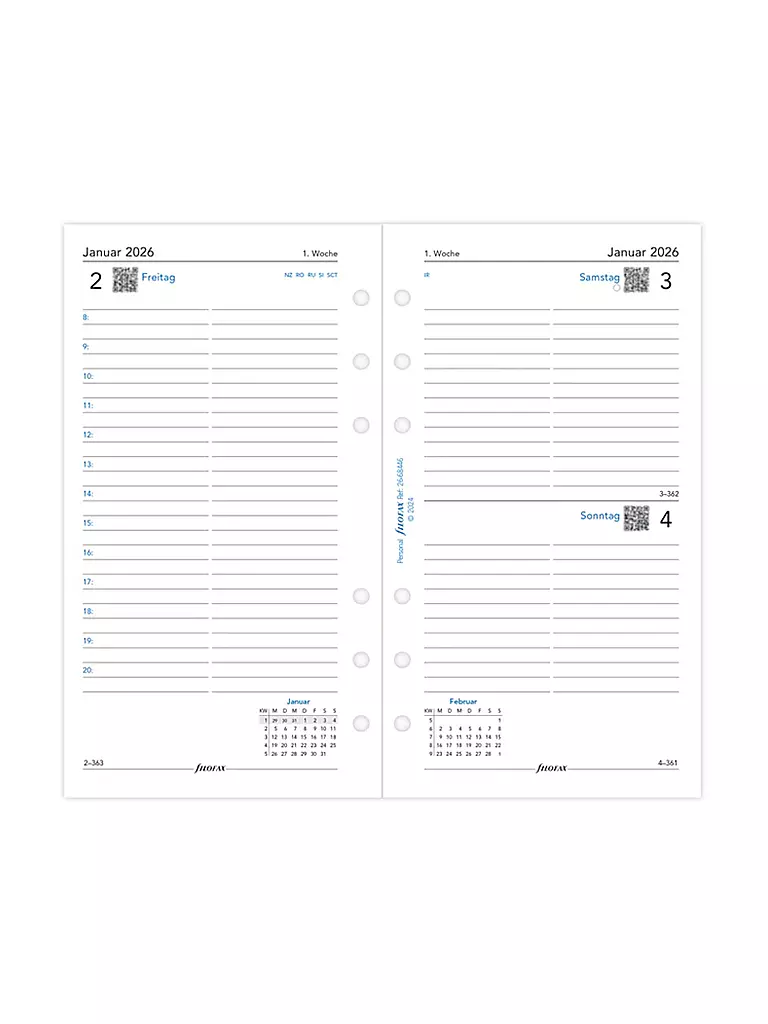 FILOFAX | Recharge d'agenda Journalier Allemand Personal 2026 | Blanc