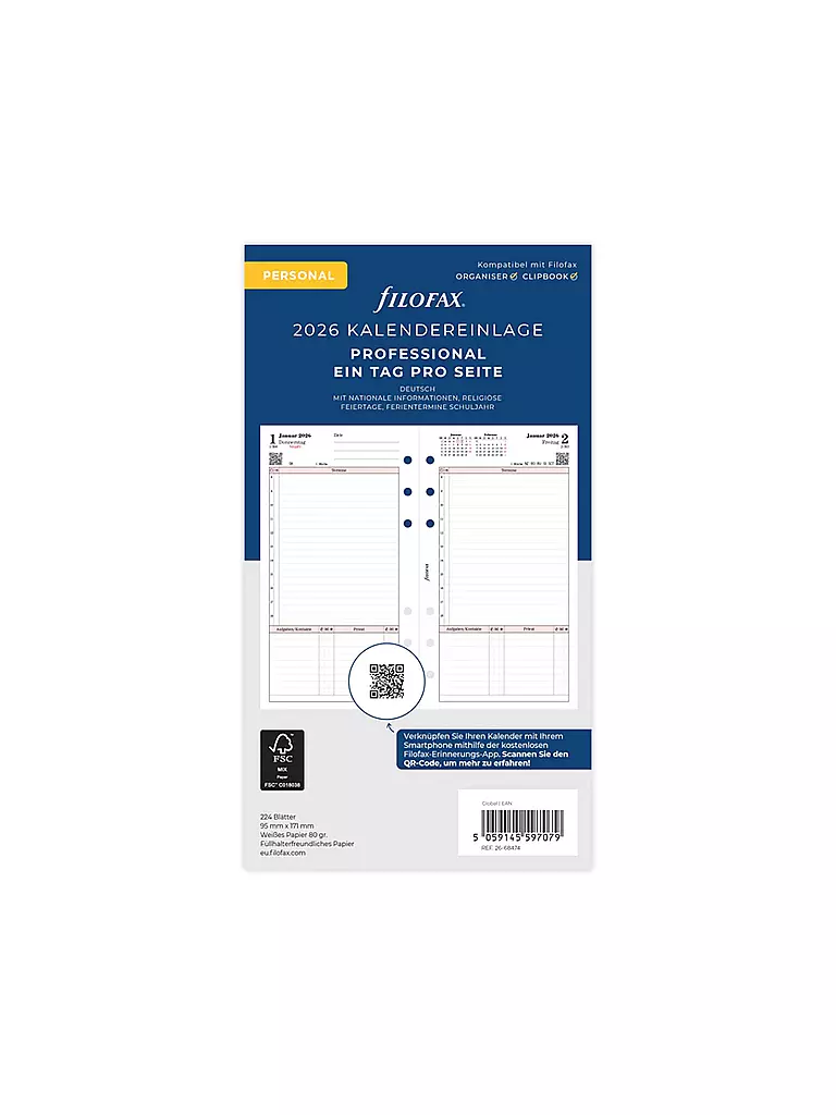 FILOFAX | Recharge d'agenda Journalier Professionnel Allemand Personal 2026 | Blanc