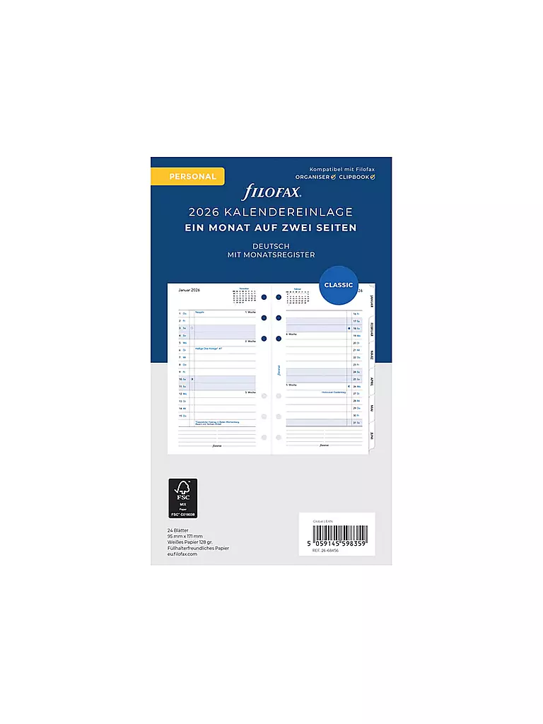 FILOFAX | Recharge d'agenda mensuelle Allemand Personal 2026 | Blanc