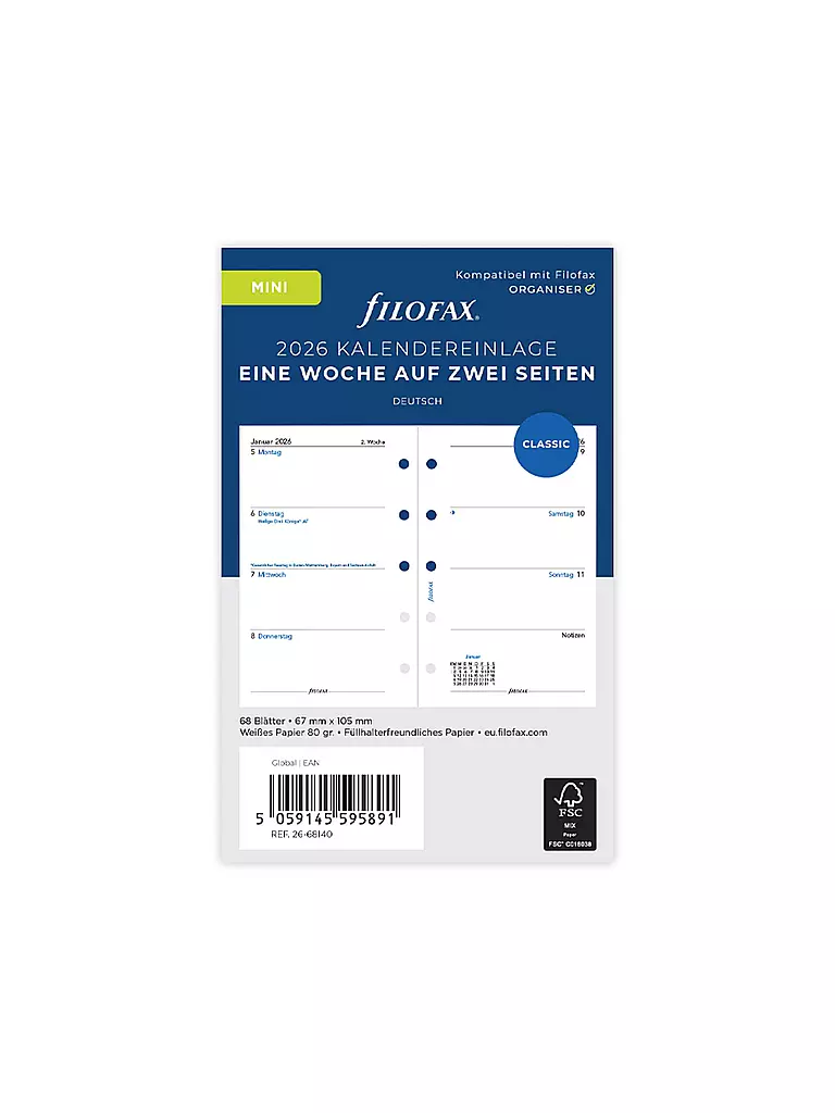 FILOFAX | Recharge d'agenda Mini Semaine Allemand 2026 | Blanc