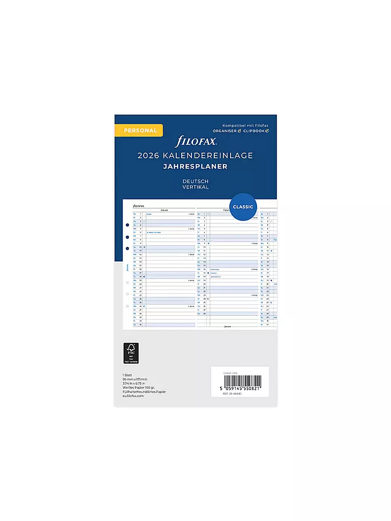 FILOFAX | Recharge d'agenda Planificateur annuel Allemand Personal 2026 | Blanc
