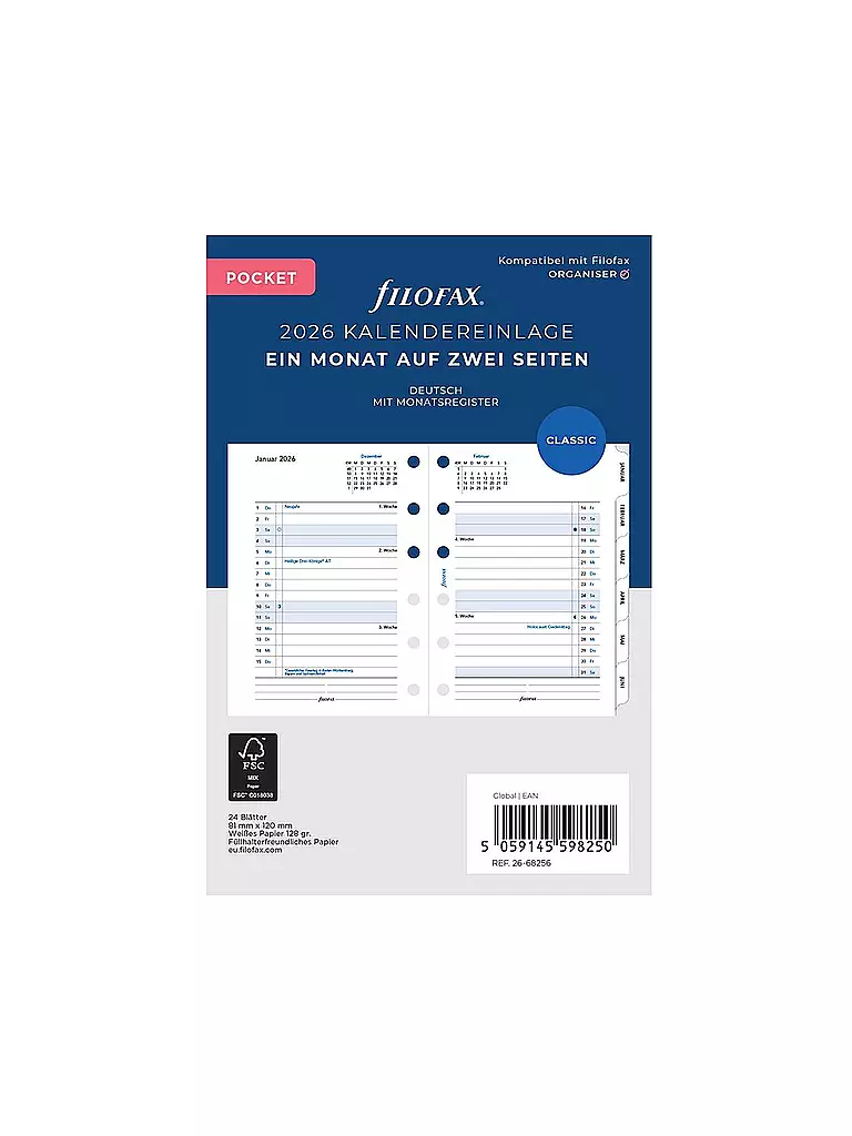 FILOFAX | Recharge d'agenda Pocket 2026 Mois Allemand | Blanc
