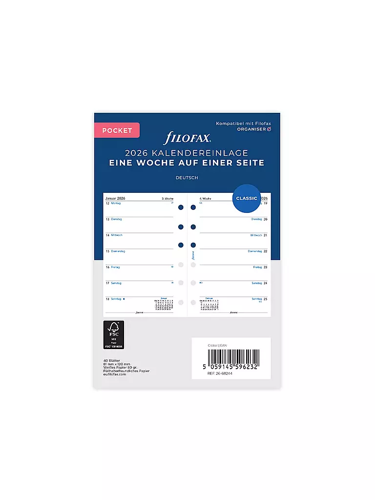 FILOFAX | Recharge d'agenda Pocket Semaine 2026 Allemand | Blanc