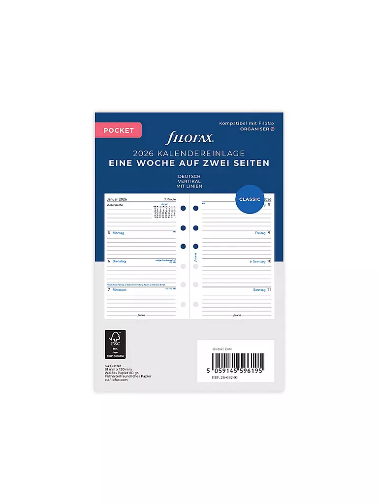 FILOFAX | Recharge d'agenda Pocket Semaine 2026 Allemand | Blanc