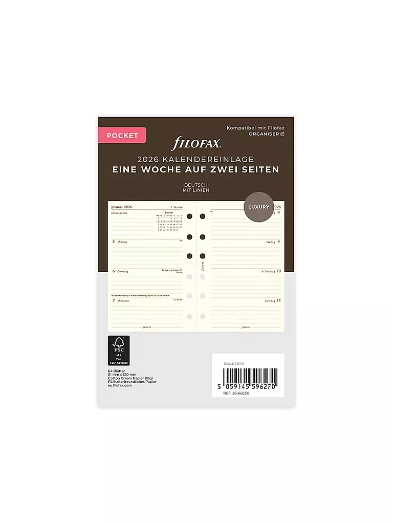 FILOFAX | Recharge d'agenda Pocket Semaine 2026 Allemand | Blanc