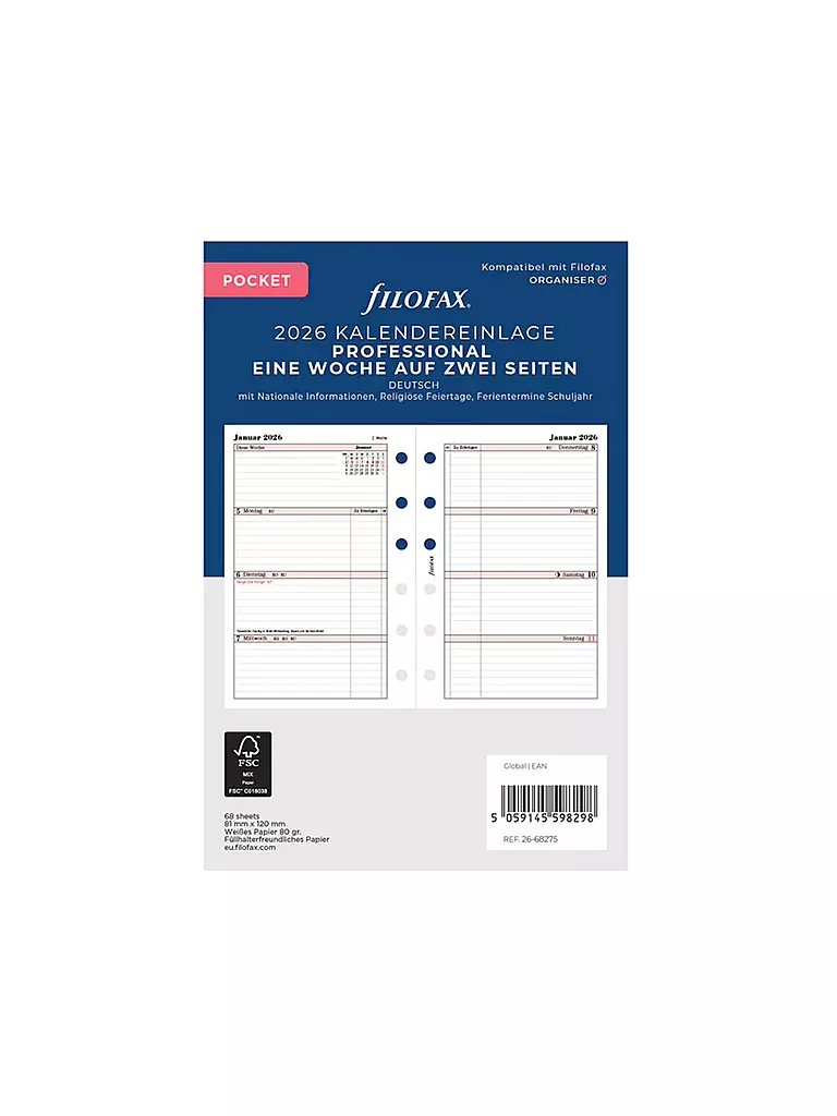 FILOFAX | Recharge d'agenda Professional Pocket Semaine Allemand 2026 | Blanc