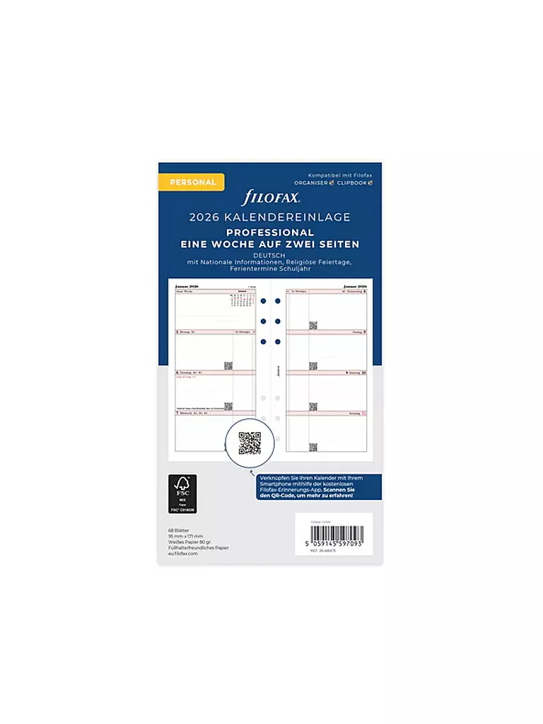 FILOFAX | Recharge d'agenda Semaine Allemand Personal 2026 | Blanc