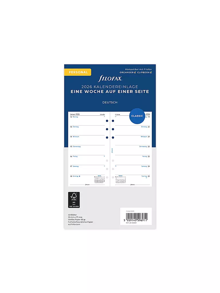 FILOFAX | Recharge d'agenda Semaine Allemand Personal 2026 | Blanc