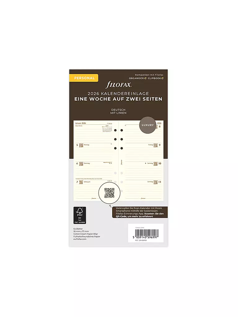 FILOFAX | Recharge d'agenda Semaine Allemand Personal 2026 | Blanc