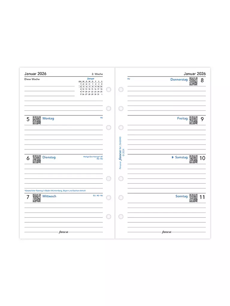 FILOFAX | Recharge d'agenda Semaine Allemand Personal 2026 | Blanc